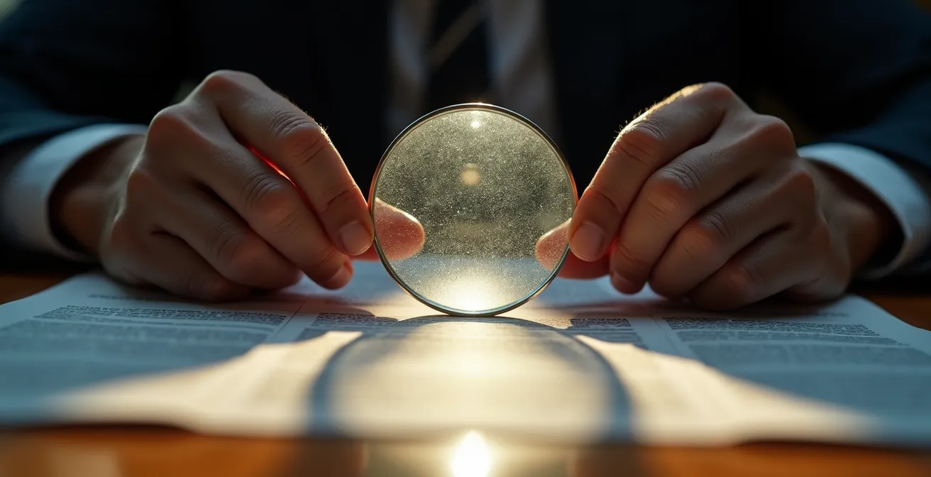 Senior person examining insurance document with magnifying glass