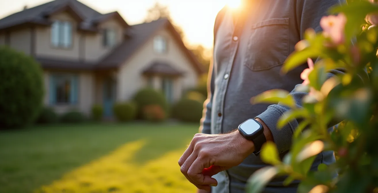 Senior testing medical alert device in backyard garden setting