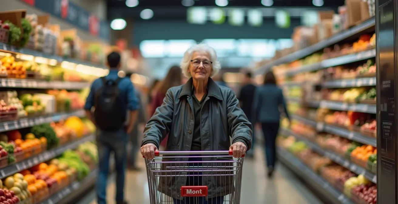 Elderly person strategically using shopping cart as protective buffer in store aisle