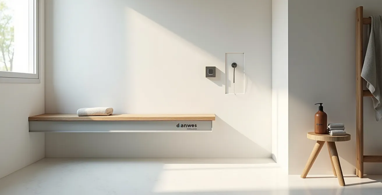 Wide angle view of bathroom showing sliding transfer bench with negative space
