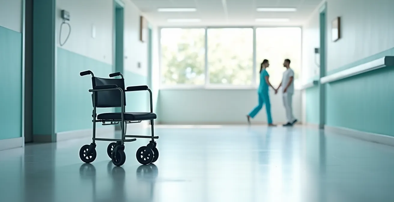Side view comparison showing transport chair's small wheels versus standard wheelchair's large wheels