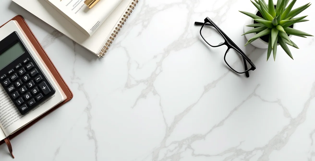 Professional workspace with tax forms and calculator showing financial planning