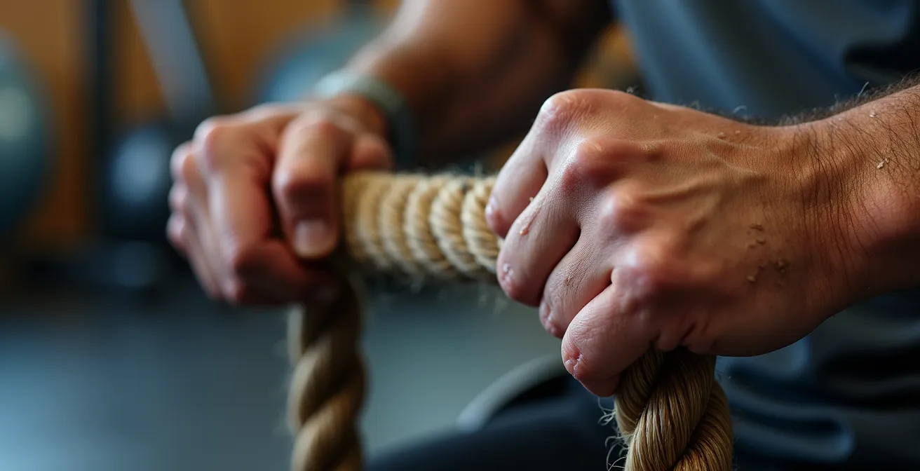 Wheelchair user performing battle rope exercises in adaptive gym setting
