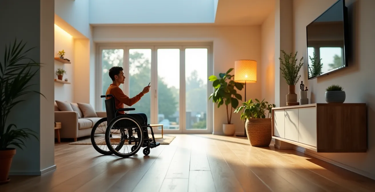 Person in a wheelchair confidently using voice-controlled smart home technology in a modern, accessible living space.